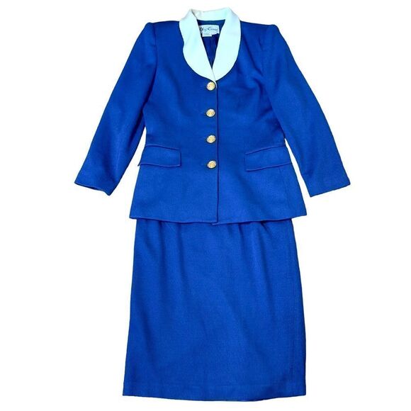 Oleg Cassini Vintage 80’s Royal Blue White Collar Skirt Set Size 10 - Picture 1 of 14